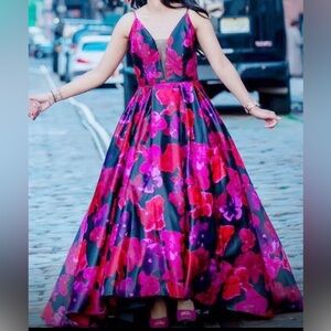 Satin Hot Pink & Black Floral ball gown